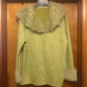 No Label Size 1X Fuzzy Green Button Down Jacket Top